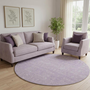 HomeRoots 8' Floral Lavender and Ivory Round Rug - Washable, UV-Protected for Easy Care & Comfort in Style 656906