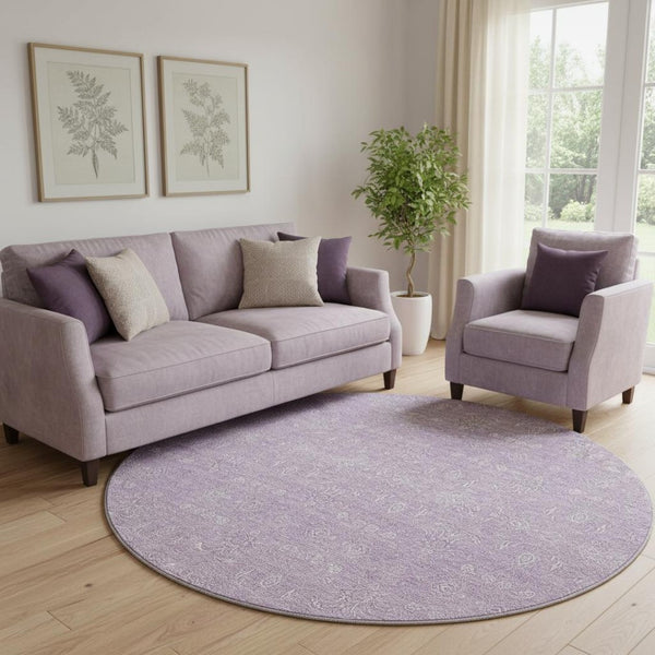 HomeRoots 8' Floral Lavender and Ivory Round Rug - Washable, UV-Protected for Easy Care & Comfort in Style 656906