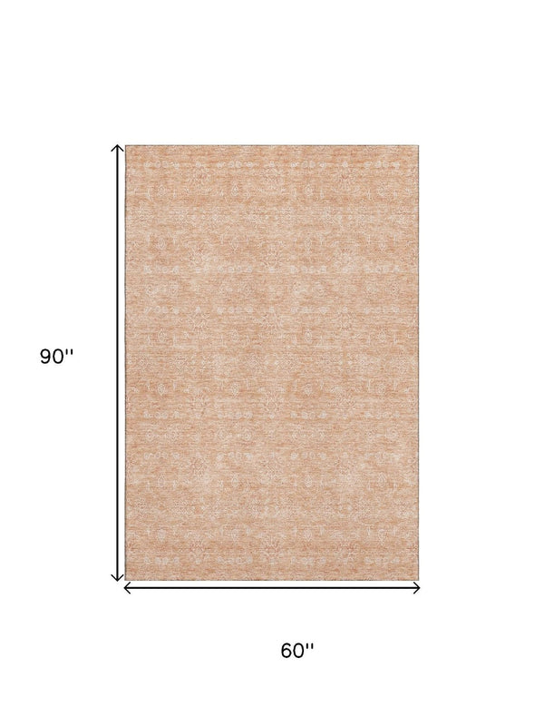 HomeRoots 5' X 8' Peach and Ivory Floral Area Rug - Washable, Stain Resistant, UV Protected for Family Homes 656911