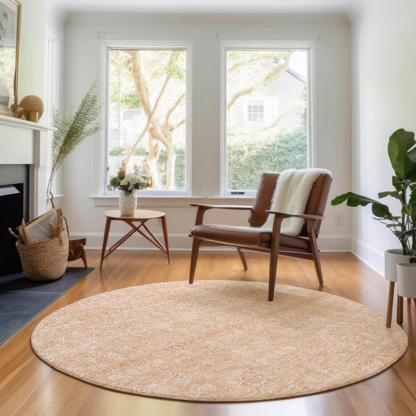 HomeRoots 8' Peach and Ivory Floral Round Rug - Washable, UV Protected, Soft, and Stain Resistant for Family Homes 656912