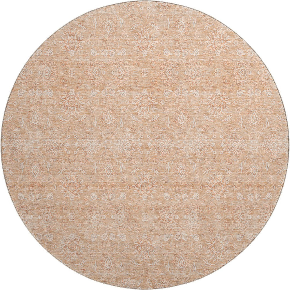 HomeRoots 8' Peach and Ivory Floral Round Rug - Washable, UV Protected, Soft, and Stain Resistant for Family Homes 656912