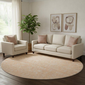 HomeRoots 8' Peach and Ivory Floral Round Rug - Washable, UV Protected, Soft, and Stain Resistant for Family Homes 656912