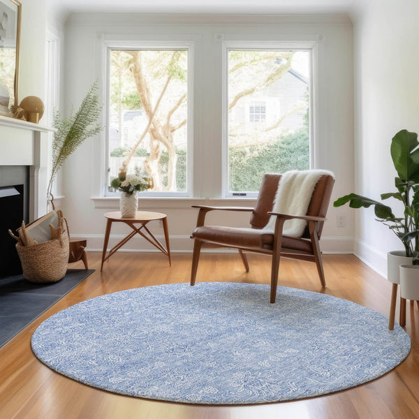 HomeRoots 8' Sky Blue Floral Round Rug - Washable, UV Resistant, Durable Design for High-Traffic Areas & Homes 656918