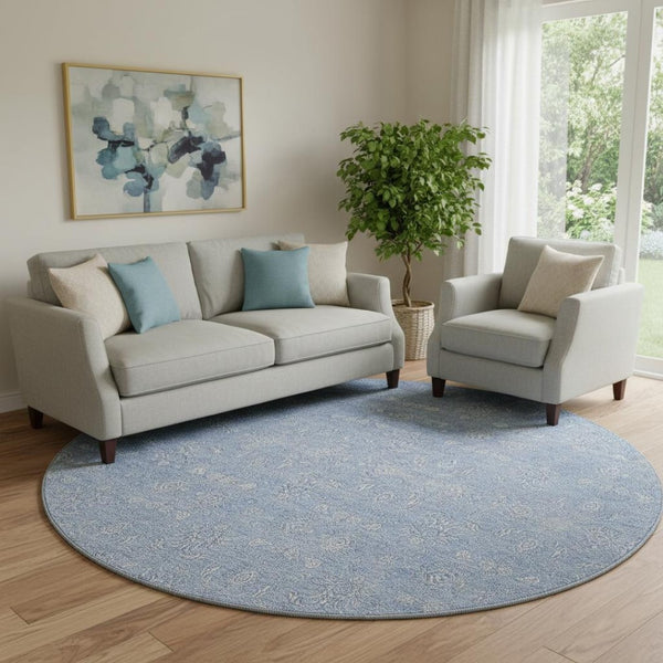 HomeRoots 8' Sky Blue Floral Round Rug - Washable, UV Resistant, Durable Design for High-Traffic Areas & Homes 656918