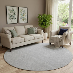 HomeRoots 8' Elegant Silver and Gray Floral Washable Round Rug with UV Protection for Durable Living Spaces 656924
