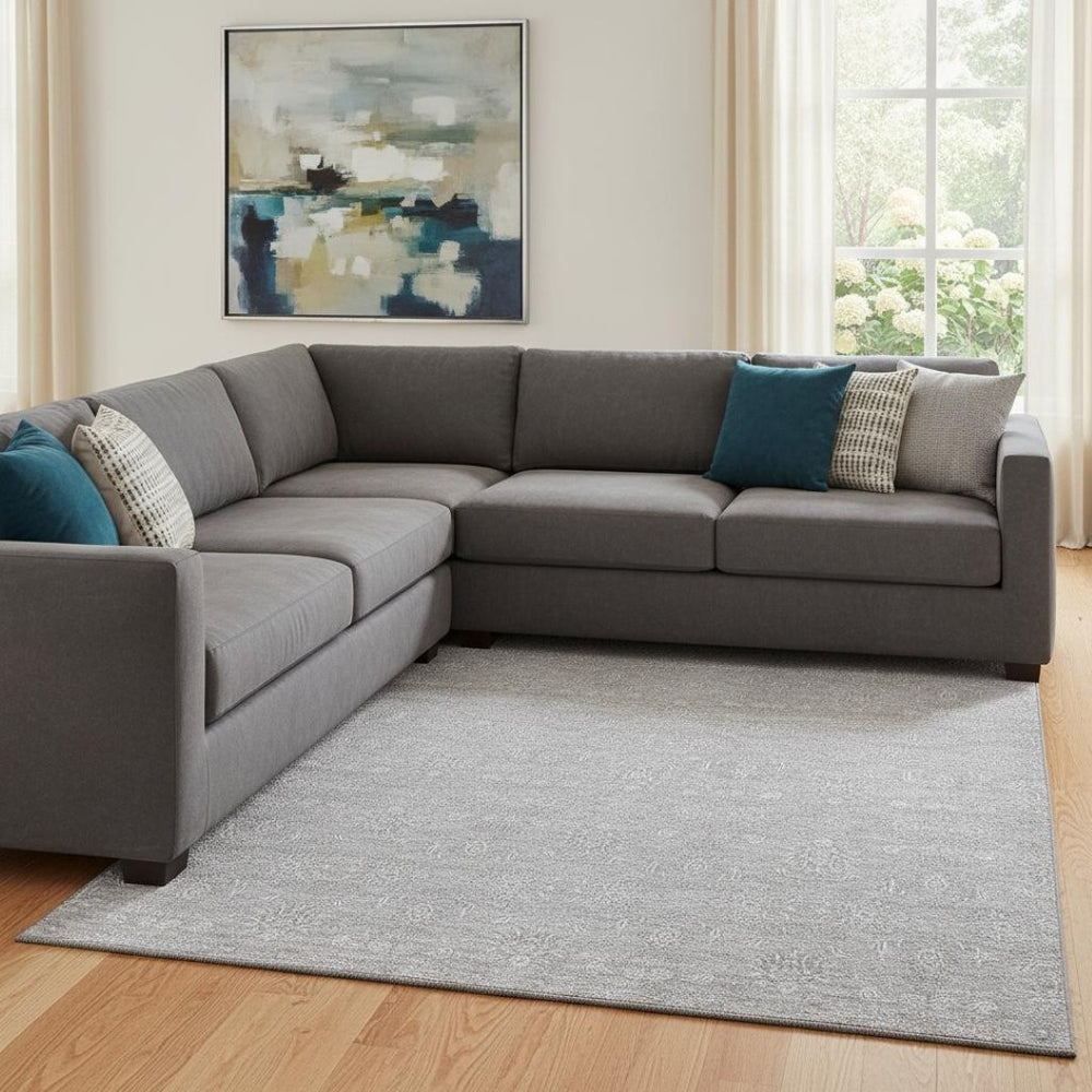 HomeRoots 9' X 12' Silver and Gray Floral Area Rug – Washable, UV-Protected, Ideal for Family Spaces & Pets 656926