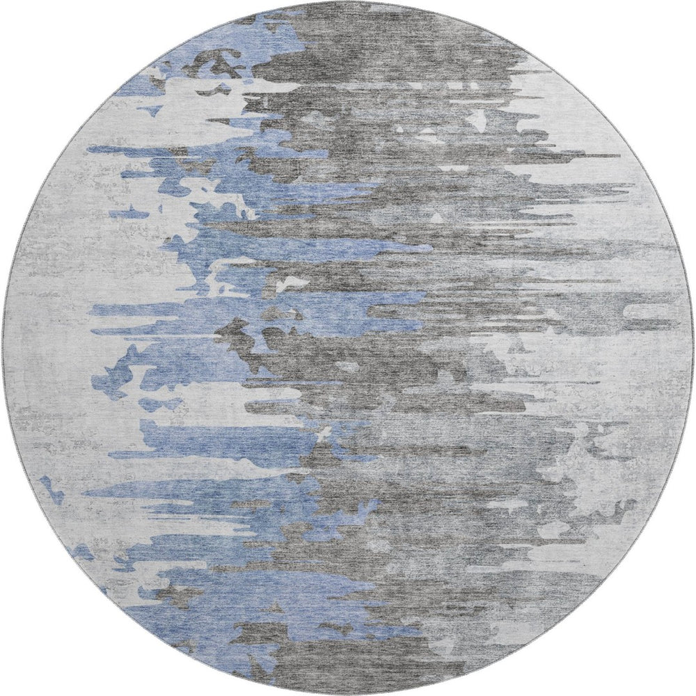 HomeRoots 8' Blue Gray and Ivory Abstract Washable Round Rug – Durable, Stain-Resistant with UV Protection 656930