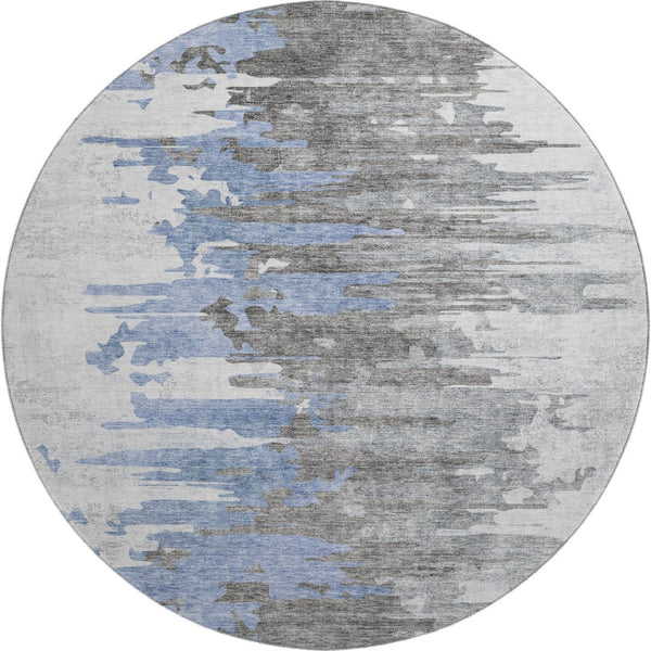 HomeRoots 8' Blue Gray and Ivory Abstract Washable Round Rug – Durable, Stain-Resistant with UV Protection 656930