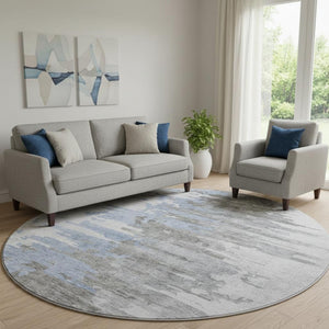 HomeRoots 8' Blue Gray and Ivory Abstract Washable Round Rug – Durable, Stain-Resistant with UV Protection 656930