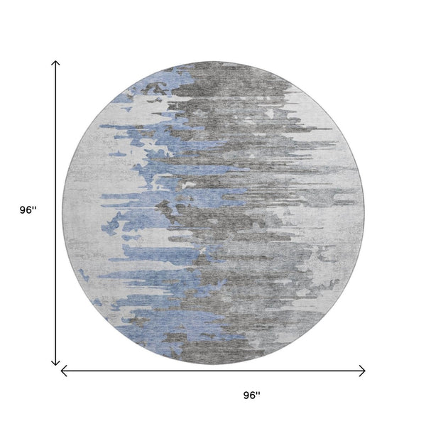 HomeRoots 8' Blue Gray and Ivory Abstract Washable Round Rug – Durable, Stain-Resistant with UV Protection 656930