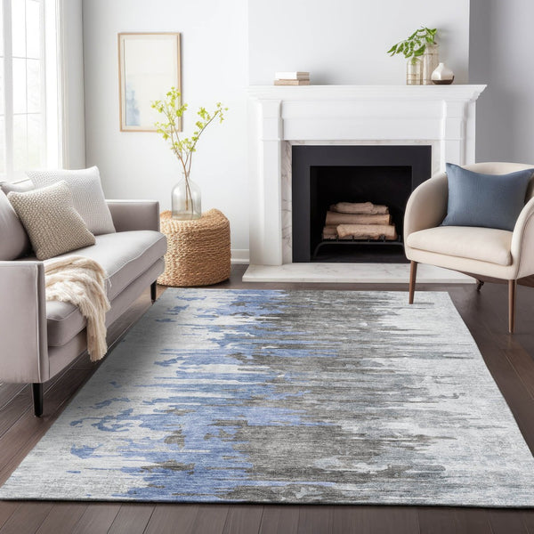 HomeRoots 8' X 10' Abstract Blue Gray and Ivory Area Rug - Durable, Washable, UV Protected for Modern Spaces 656931