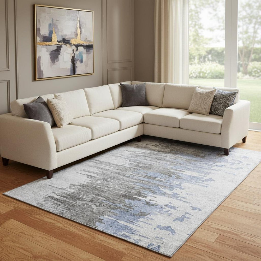 HomeRoots 9' X 12' Abstract Blue Gray & Ivory Washable Area Rug – Durable, UV Protected, Perfect for Homes! 656932