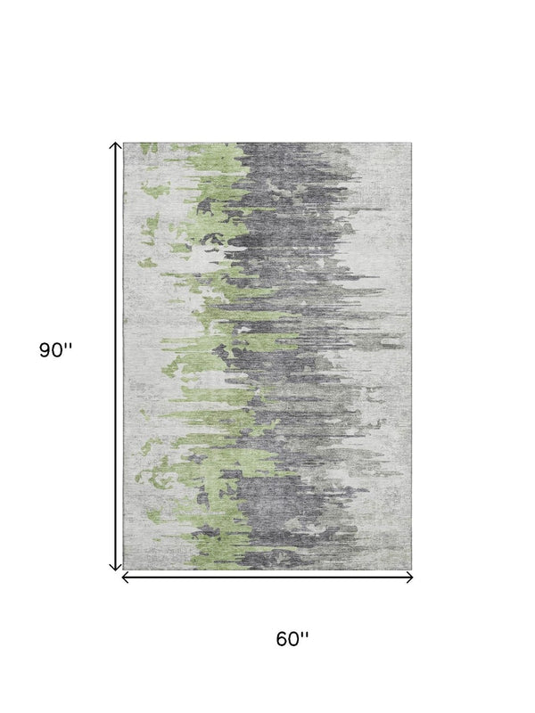 HomeRoots 5' X 8' Washable Area Rug - Green, Gray, Ivory Abstract Design with UV Protection for Modern Homes 656935