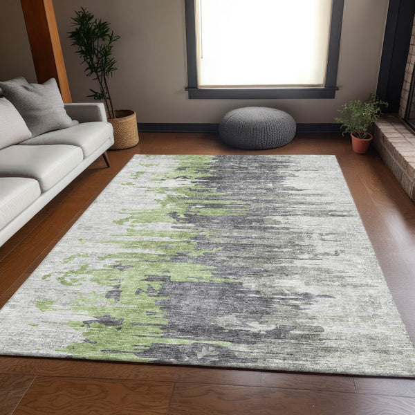 HomeRoots 5' X 8' Washable Area Rug - Green, Gray, Ivory Abstract Design with UV Protection for Modern Homes 656935