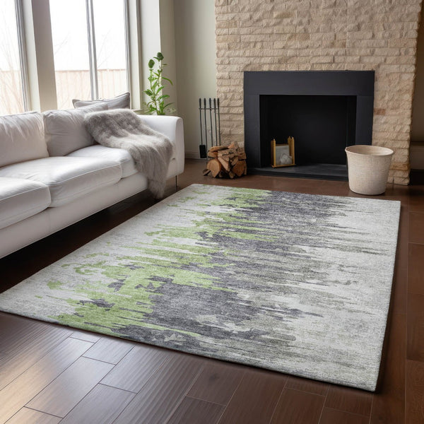 HomeRoots 5' X 8' Washable Area Rug - Green, Gray, Ivory Abstract Design with UV Protection for Modern Homes 656935