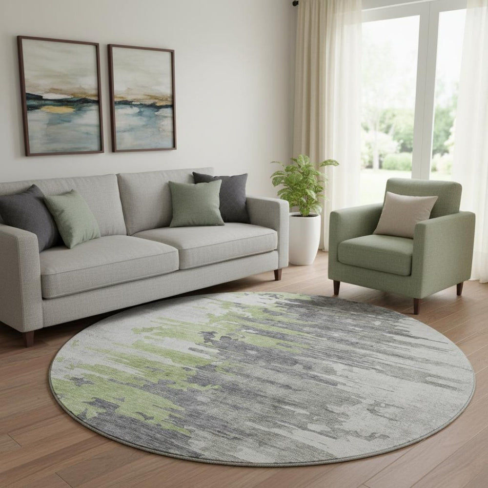 HomeRoots 8' Modern Abstract Round Area Rug in Green, Gray & Ivory - Washable, UV Protected, Stain Resistant 656936