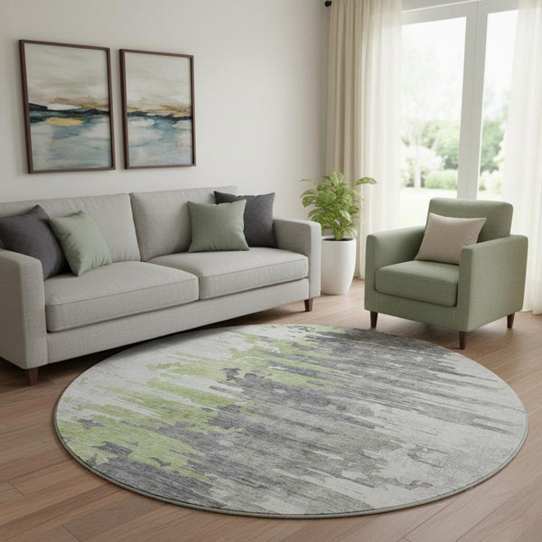 HomeRoots 8' Modern Abstract Round Area Rug in Green, Gray & Ivory - Washable, UV Protected, Stain Resistant 656936