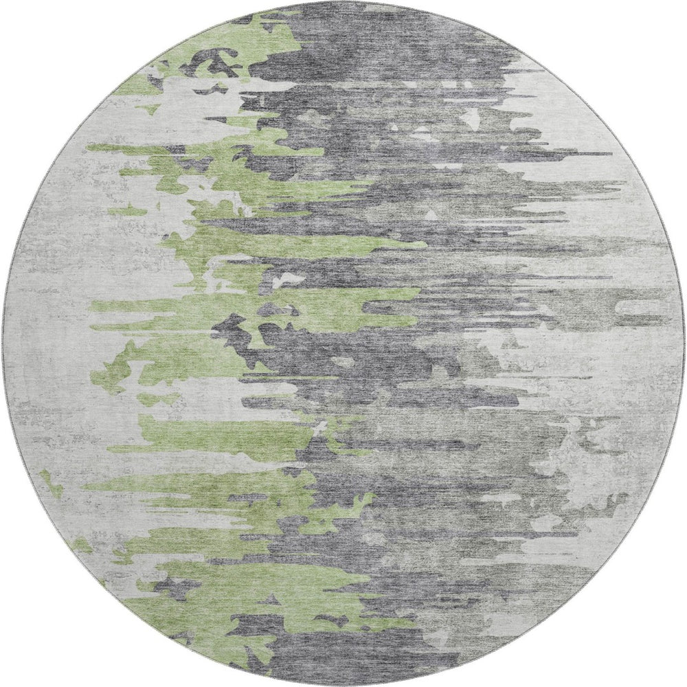 HomeRoots 8' Modern Abstract Round Area Rug in Green, Gray & Ivory - Washable, UV Protected, Stain Resistant 656936