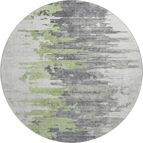 HomeRoots 8' Modern Abstract Round Area Rug in Green, Gray & Ivory - Washable, UV Protected, Stain Resistant 656936