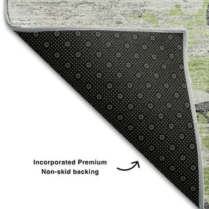 HomeRoots 8' Modern Abstract Round Area Rug in Green, Gray & Ivory - Washable, UV Protected, Stain Resistant 656936