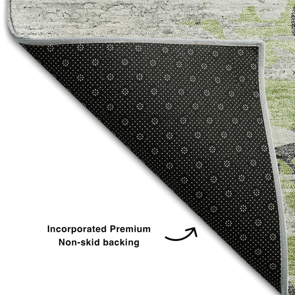 HomeRoots 8' Modern Abstract Round Area Rug in Green, Gray & Ivory - Washable, UV Protected, Stain Resistant 656936