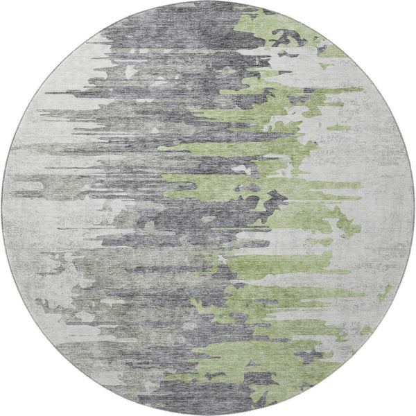 HomeRoots 8' Modern Abstract Round Area Rug in Green, Gray & Ivory - Washable, UV Protected, Stain Resistant 656936