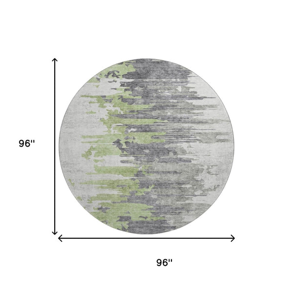 HomeRoots 8' Modern Abstract Round Area Rug in Green, Gray & Ivory - Washable, UV Protected, Stain Resistant 656936