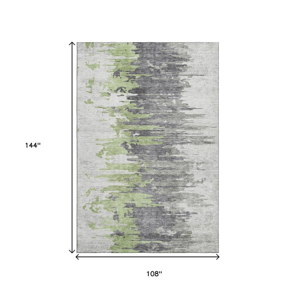 HomeRoots 9' X 12' Abstract Area Rug in Green, Gray & Ivory - Washable, UV Protected, Durable for Homes 656938