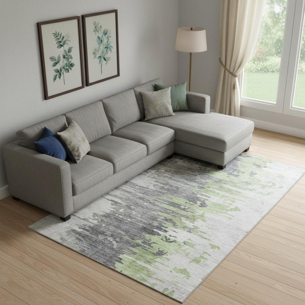 HomeRoots 9' X 12' Abstract Area Rug in Green, Gray & Ivory - Washable, UV Protected, Durable for Homes 656938