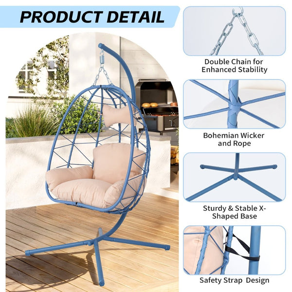 English Elm Hanging Egg Chair with Pe Wicker Stand Ergonomic Swing Seat for Patio or Bedroom T5880P497570