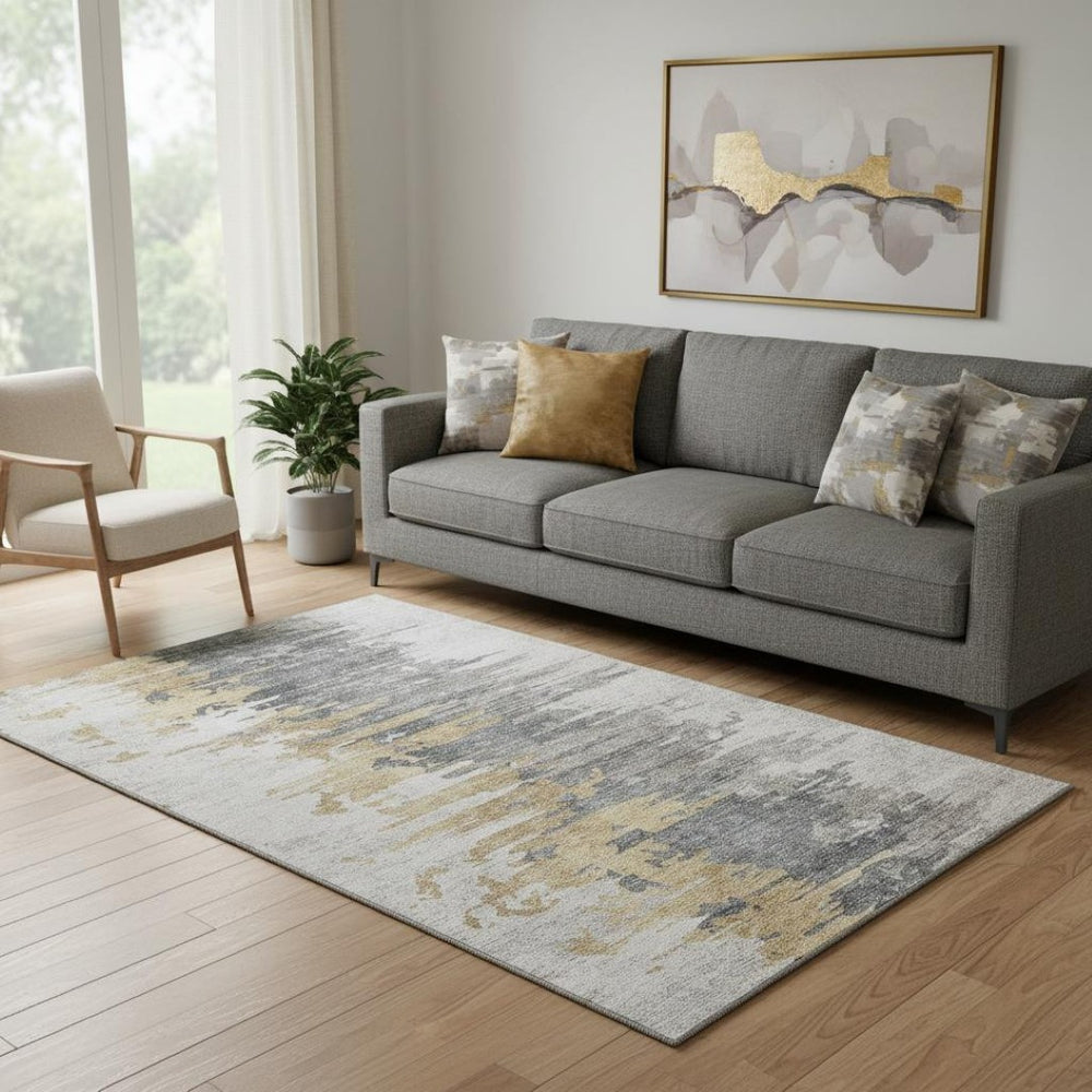 HomeRoots 5' X 8' Ivory Gold Gray Abstract Area Rug - Washable, UV Protected, Durable & Stylish for Any Room 656941
