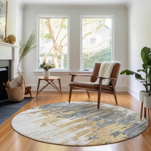 HomeRoots 8' Ivory Gold and Gray Abstract Washable Round Rug – Durable, Stylish, UV-Protected for Any Space! 656942