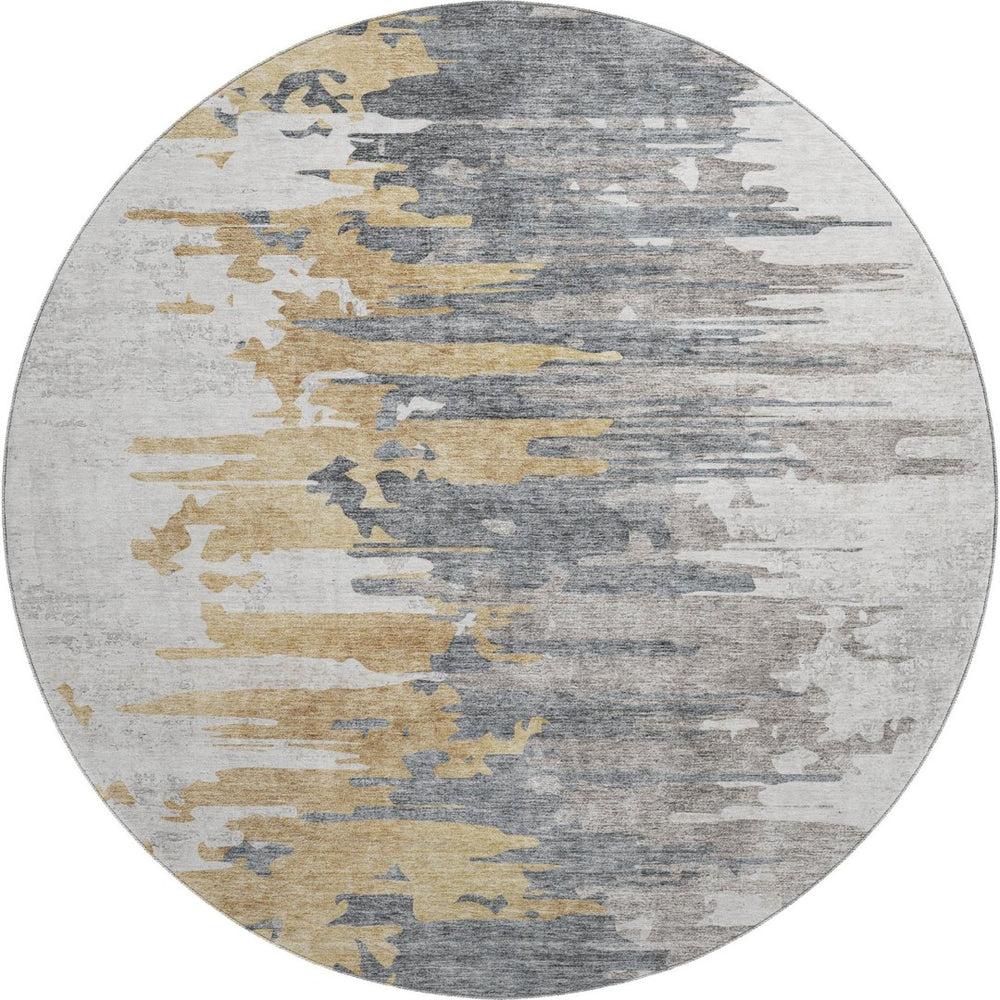 HomeRoots 8' Ivory Gold and Gray Abstract Washable Round Rug – Durable, Stylish, UV-Protected for Any Space! 656942