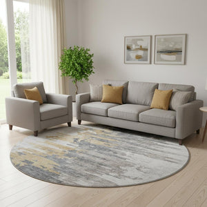 HomeRoots 8' Ivory Gold and Gray Abstract Washable Round Rug – Durable, Stylish, UV-Protected for Any Space! 656942