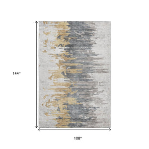 HomeRoots 9' X 12' Abstract Ivory Gold Gray Area Rug – Durable, Washable, Stain-Resistant, and UV Protected! 656944