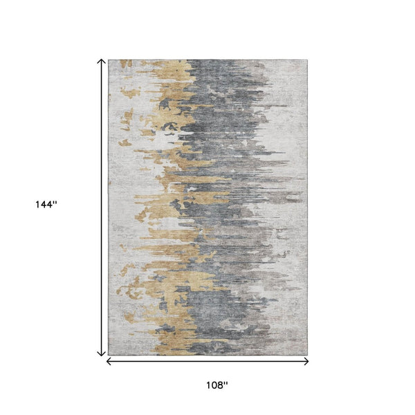 HomeRoots 9' X 12' Abstract Ivory Gold Gray Area Rug – Durable, Washable, Stain-Resistant, and UV Protected! 656944