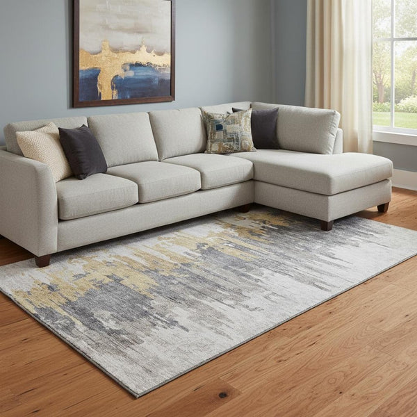HomeRoots 9' X 12' Abstract Ivory Gold Gray Area Rug – Durable, Washable, Stain-Resistant, and UV Protected! 656944