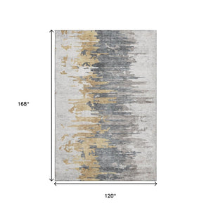 HomeRoots 10' X 14' Ivory Gold & Gray Abstract Area Rug - Washable, UV Protected, Durable for High-Traffic Spaces 656945