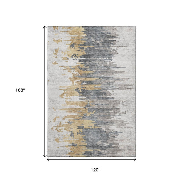 HomeRoots 10' X 14' Ivory Gold & Gray Abstract Area Rug - Washable, UV Protected, Durable for High-Traffic Spaces 656945