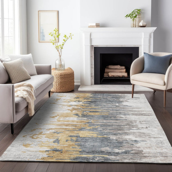 HomeRoots 10' X 14' Ivory Gold & Gray Abstract Area Rug - Washable, UV Protected, Durable for High-Traffic Spaces 656945