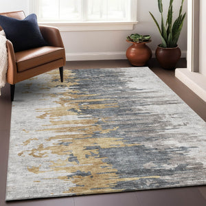 HomeRoots 10' X 14' Ivory Gold & Gray Abstract Area Rug - Washable, UV Protected, Durable for High-Traffic Spaces 656945