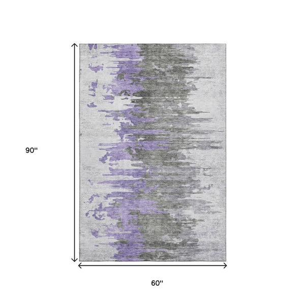 HomeRoots 5' X 8' Abstract Washable Area Rug in Purple, Gray & Ivory – UV Protected, Stain-Resistant, Durable Design 656947