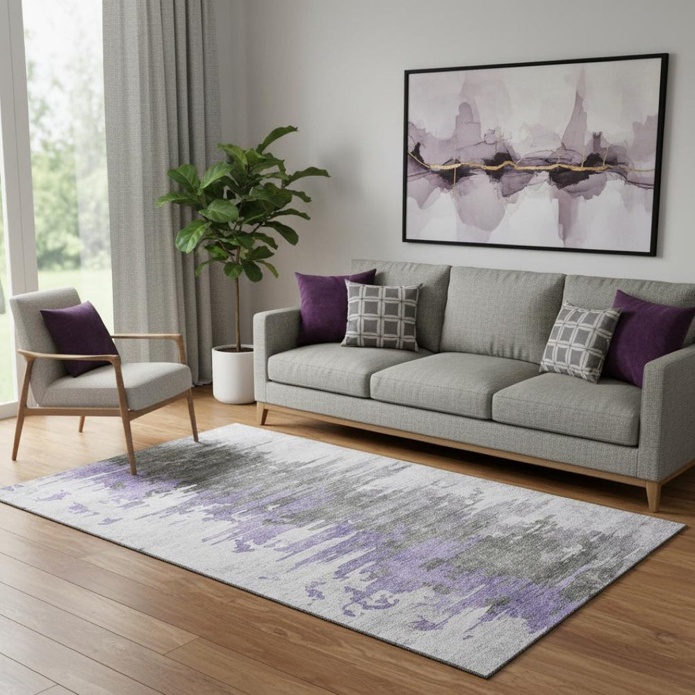 HomeRoots 5' X 8' Abstract Washable Area Rug in Purple, Gray & Ivory – UV Protected, Stain-Resistant, Durable Design 656947