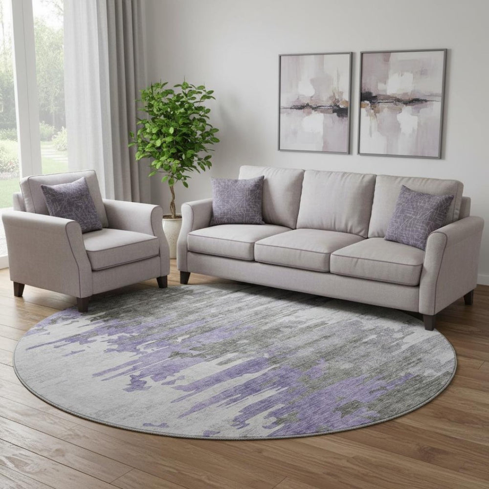 HomeRoots 8' Modern Abstract Round Rug in Purple, Gray & Ivory - Washable with UV Protection for High Traffic Areas 656948