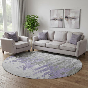HomeRoots 8' Modern Abstract Round Rug in Purple, Gray & Ivory - Washable with UV Protection for High Traffic Areas 656948