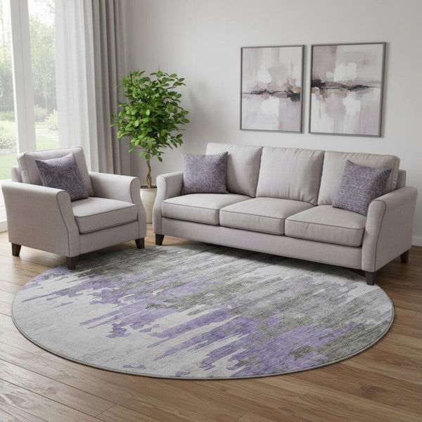 HomeRoots 8' Modern Abstract Round Rug in Purple, Gray & Ivory - Washable with UV Protection for High Traffic Areas 656948