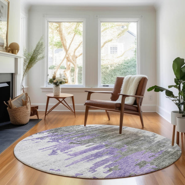 HomeRoots 8' Modern Abstract Round Rug in Purple, Gray & Ivory - Washable with UV Protection for High Traffic Areas 656948
