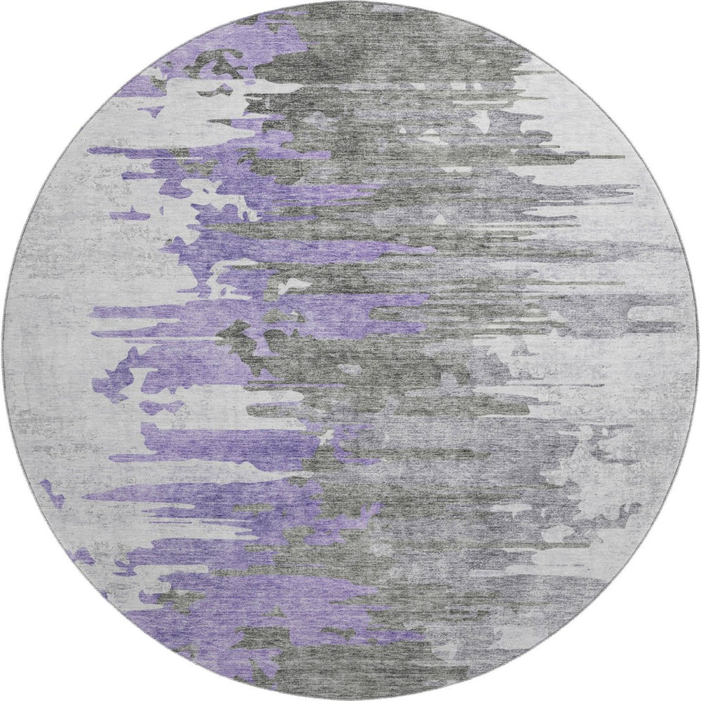 HomeRoots 8' Modern Abstract Round Rug in Purple, Gray & Ivory - Washable with UV Protection for High Traffic Areas 656948