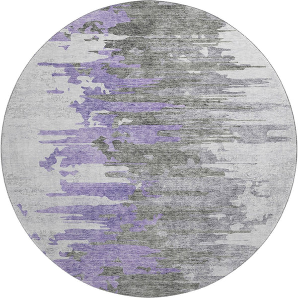 HomeRoots 8' Modern Abstract Round Rug in Purple, Gray & Ivory - Washable with UV Protection for High Traffic Areas 656948