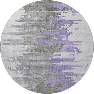 HomeRoots 8' Modern Abstract Round Rug in Purple, Gray & Ivory - Washable with UV Protection for High Traffic Areas 656948